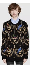 100 Authentic GUCCI Black  Gold GG Bird Wool Knitted Sweater 2900 Tax Size: L
