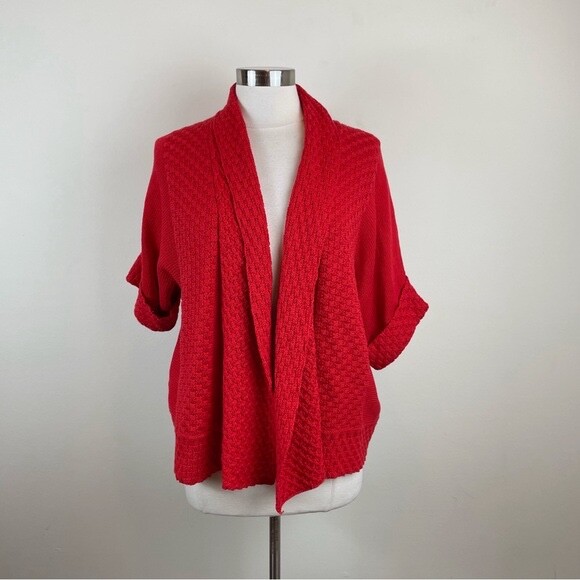Ruby Rd. Solid Red Crochet Knit Chunky Cardigan S… - image 1