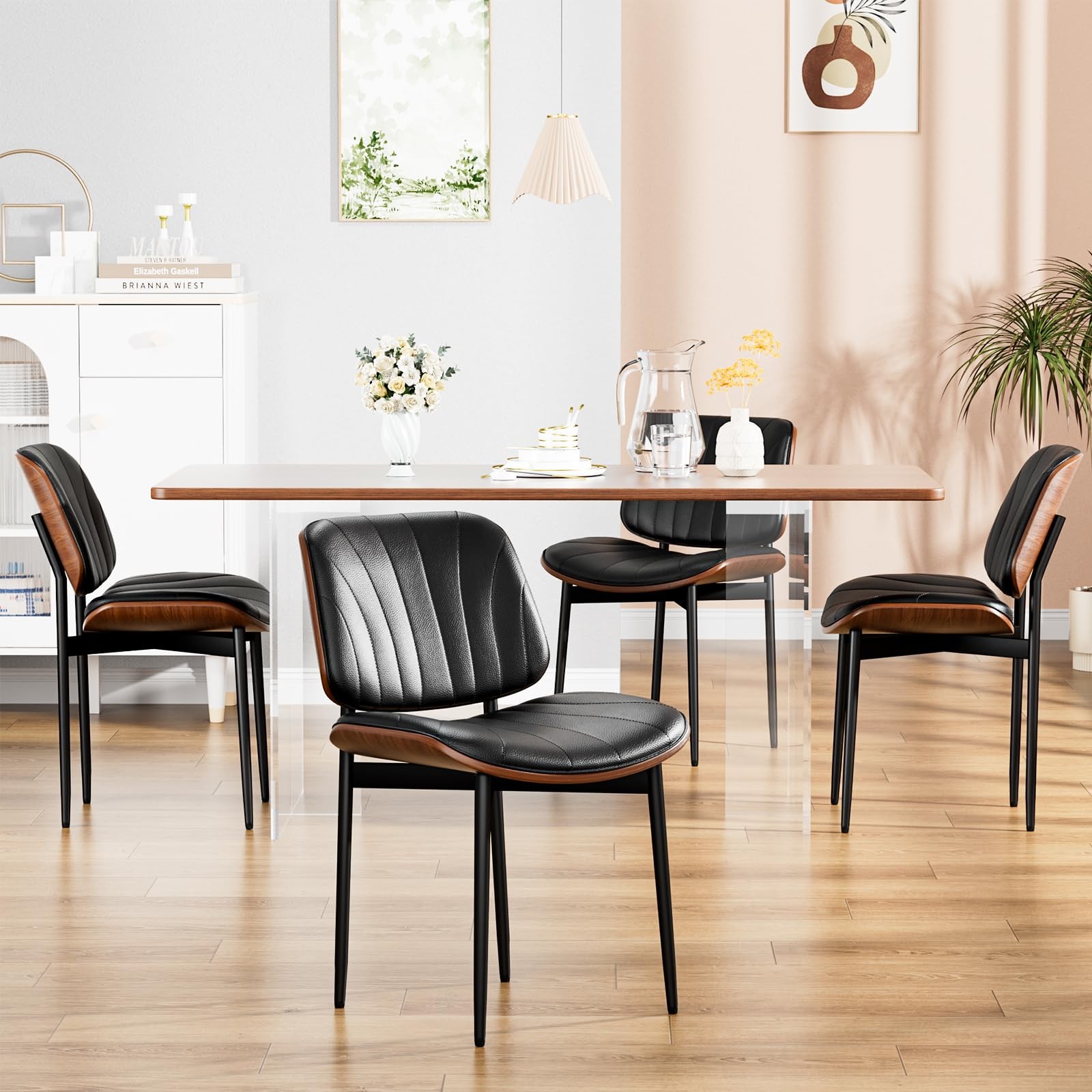 S Set Of 4 Mid Century Modern Upholstered Pu Leather Black