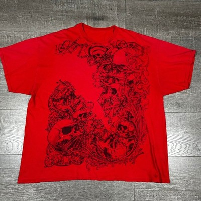 Red Skull Graphic T-Shirt Black Filigree Dark Art Streetwear Goth Tee Mens XL