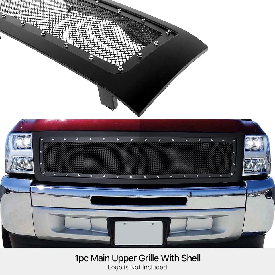适用于 07-13 雪佛兰 Silverado 1500 上部不锈钢黑色铆钉网布包装格栅 — 第 3/3 张图片