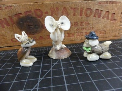 Vintage Shell Animal Figurines   Owl, Mouse & Dog   Handmade Souvenir   Philippi
