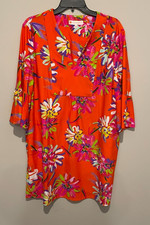 Jude Connally Orange Floral Print Dress Women’s Size L 3/4 Sleeve V-Neck Spring