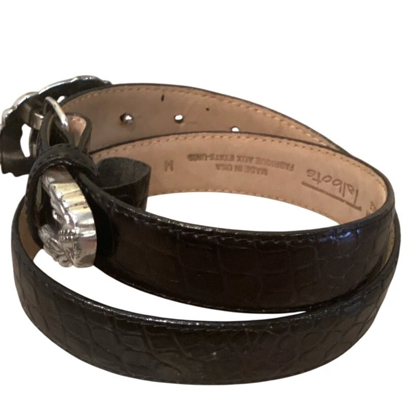 Talbots Womens Alligator Leather Belt M Medium Black Silver Squirrel Raccoon Art - Image 4 of 4