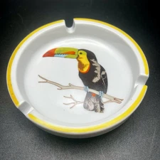Vintage Ashtray Tropical Toucan on a Limb Ceramic White w/Yellow Rim Japan