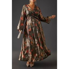 Anthropologie Caballaro Maxi Dress Brown Metallic Floral Deep V Neck XS New