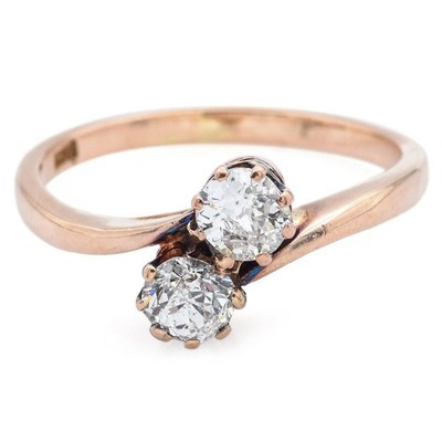 Antiker viktorianischer Toi et Moi Bypass-Ring 14k Gelbgold alter Minenschliff Diamant