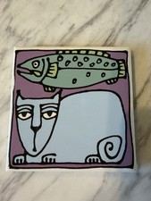 Cat  & fish coaster tile Italian style Drawin...