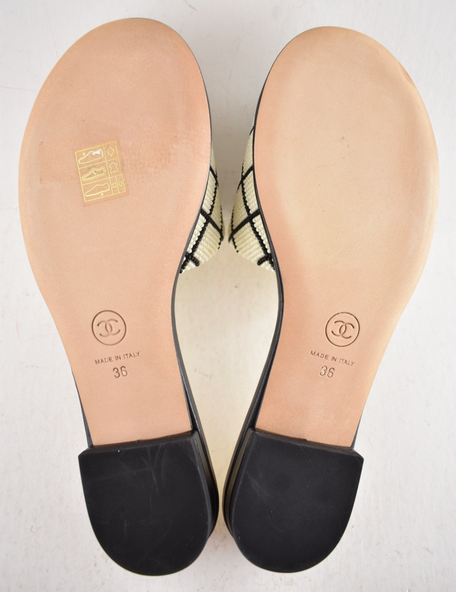 Chanel 20P Black White Pearl Embroidery CC Logo Slide Slip Sandal