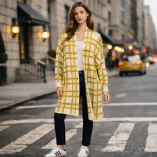 Long Plaid Cardigan Coat Womens XL Yellow Knit Oversized Statement Jacket