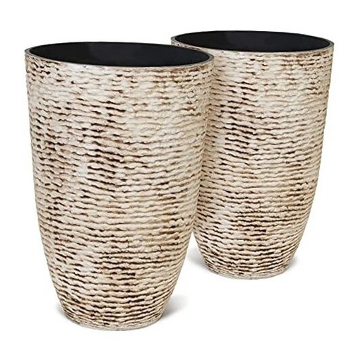 Garden Set of 2 Tree 14 Inch Round Planters for Outdoor Plants 21'' Tall Beige