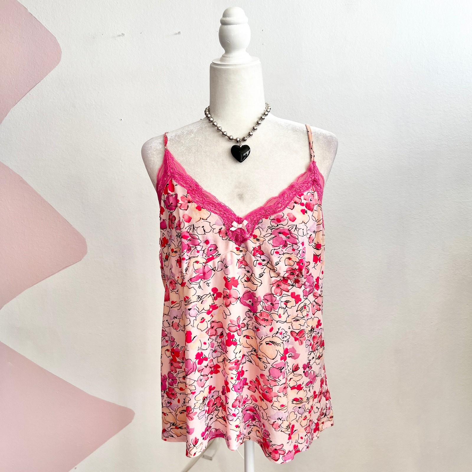 Pink Floral Lace Trim Babydoll Top Y2K 2000s Fairycore Coquette XL