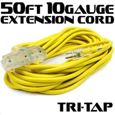 50 ft Power Extension Cord Outdoor & Indoor Heavy Duty 10 Gauge/3 Prong SJTW
