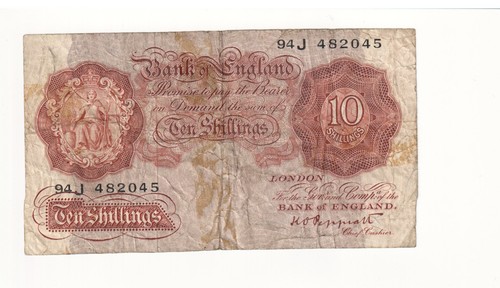 1948 - 49 Bank of England 10 Shillings Banknote - P# 368a Peppiatt - VG # 36791 - Foto 1 di 2