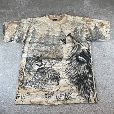 Vintage 90s Wolf All Over Print T-Shirt Men's Large Tan Brown AOP Nature Tee USA