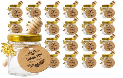 24Pack 1.5oz Mini Glass Hexagon Honey jars - Gold Lid, Small Wooden honey dip...