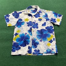 Vintage 60S Hawaiian Shirt Mens L Blue Bark Cloth Floral Print Mei Jan Hawaii