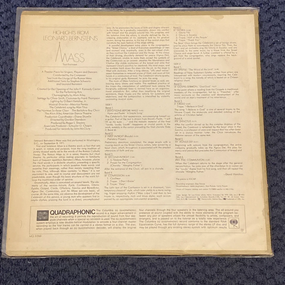 Leonard Bernstein Quadraphonic Lp Highlight From Mass W/Lyric Insert MQ31960 VG+ - Image 2 of 4