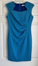 Calvin Klein‎ Side Ruched Horseshoe Neck Sz 8P TEAL Sleeveless Sheath Dress