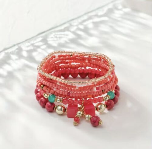 Multi Set Crystal Beaded Bracelet Stack Boho RED - Picture 1 of 2