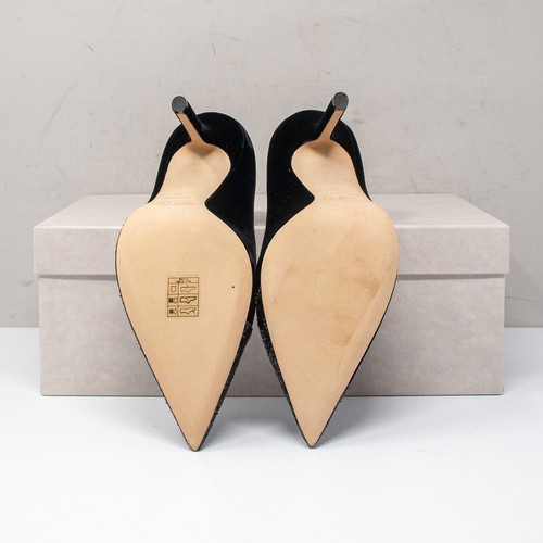 Jimmy Choo Love 100, Size 37 (7 US) Asymmetrical Black Glitter Velvet Heels - Picture 4 of 8