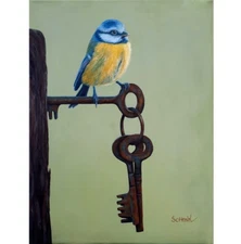Bird painting Blue Tit Bird Oil Painting on Rusty Key Realism Art Hyperrealistic