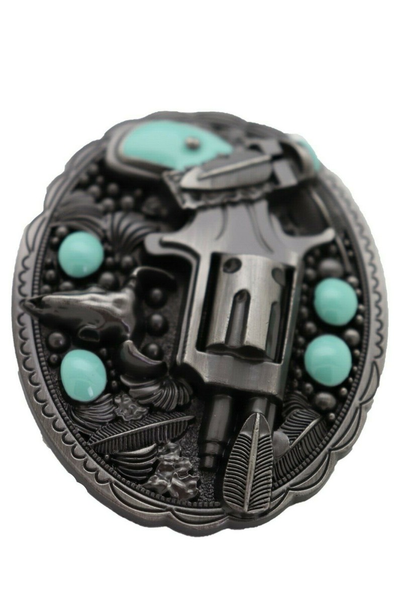New turquoise revolver bull feather belt buckle approximately 3.75 inch wide Accessories | New Turquoise Revolver Bull Feather Belt  main image 2