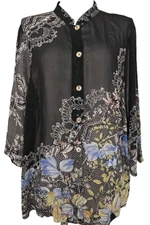 Citron Santa Monica Sheer Silk Black Multi Floral button Shirt Blouse Top size L