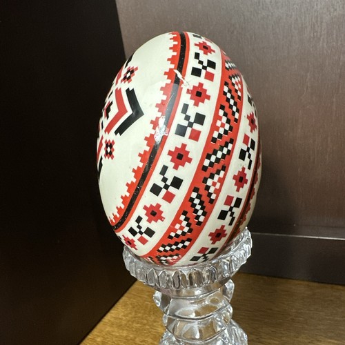 Ukrainian Pysanky Porcelain Goose Egg Hand made Red Black White Crystal Holder - Picture 3 of 15