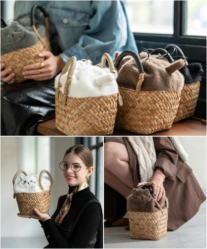 Cat Motif Basket Bag Fluffy Drawstring Tote Bag "Heini" Made From Natural Materi - Picture 3 of 16