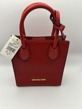 Michael Kors Mercer XS Pebbled Leather MK Signature Satchel Crossbody Bag Flame