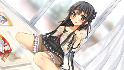 Anime black hair blush brown eyes cleavage food Custom Gaming Mat Desk