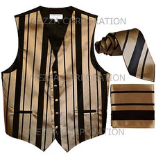 New Men's Tuxedo Vest Stripes Necktie Hankie set prom party Black Mocca Brown
