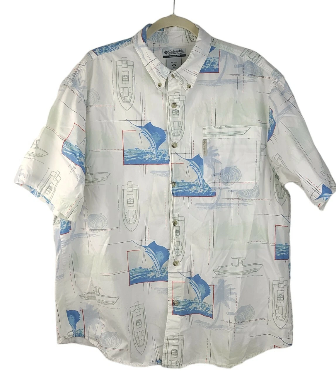 Men's COLUMBIA Nautical Boat Sword MARLIN Fish Shirt White Blue XL Cotton