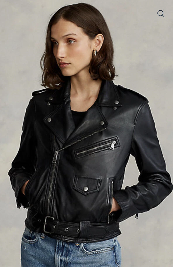 $798 Polo Ralph Lauren Women Sheep Leather Black Moto Jacket Size M