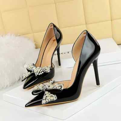 Pumps Schuhe Schmuckstück Frau Absatz 10.5 CM Schwarz Strass Leder Kunst 72038