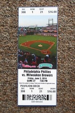 PHILADELPHIA PHILLIES VS BREWERS 6/3/2016 FULL TICKET ~ VILLAR/RUPP/BLANCO HRs
