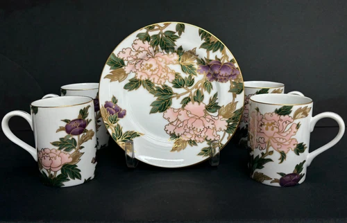 FITZ & FLOYD Cup & Saucer Set of 8 Cloisonne Peony in White w/Gold Trim/Japan