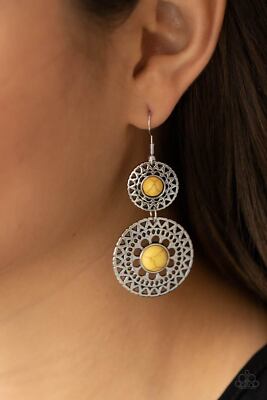 Paparazzi Earring - Sunny Sahara - Yellow Crackle Stone- Mandala Pattern