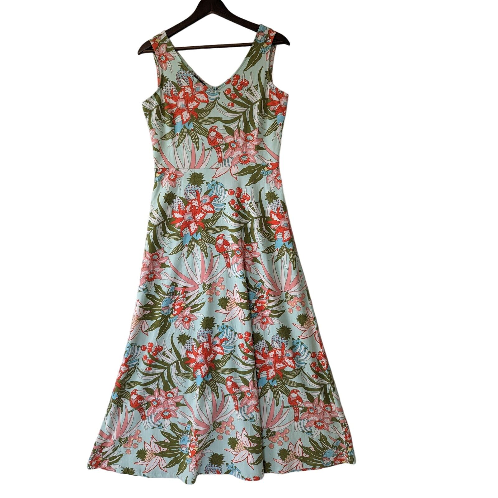 Talbots Maxi Dress Womens XS Green Tropical Floral Birds Jersey Resort New-image