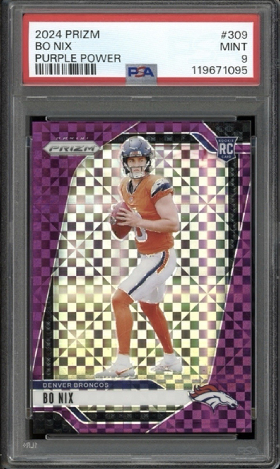 2024 Panini Prizm Bo Nix Rookie PURPLE POWER PRIZM /49 #309 Broncos PSA 9