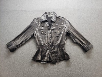 Joanna Women Shirt S Black Silver Rayon Blend Long Sleeve Button Up Pockets