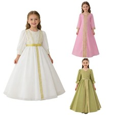 Kids Girls Arabian Long-sleeve Clothes Proms Dress Bridesmaid Robe Maxi Ruched