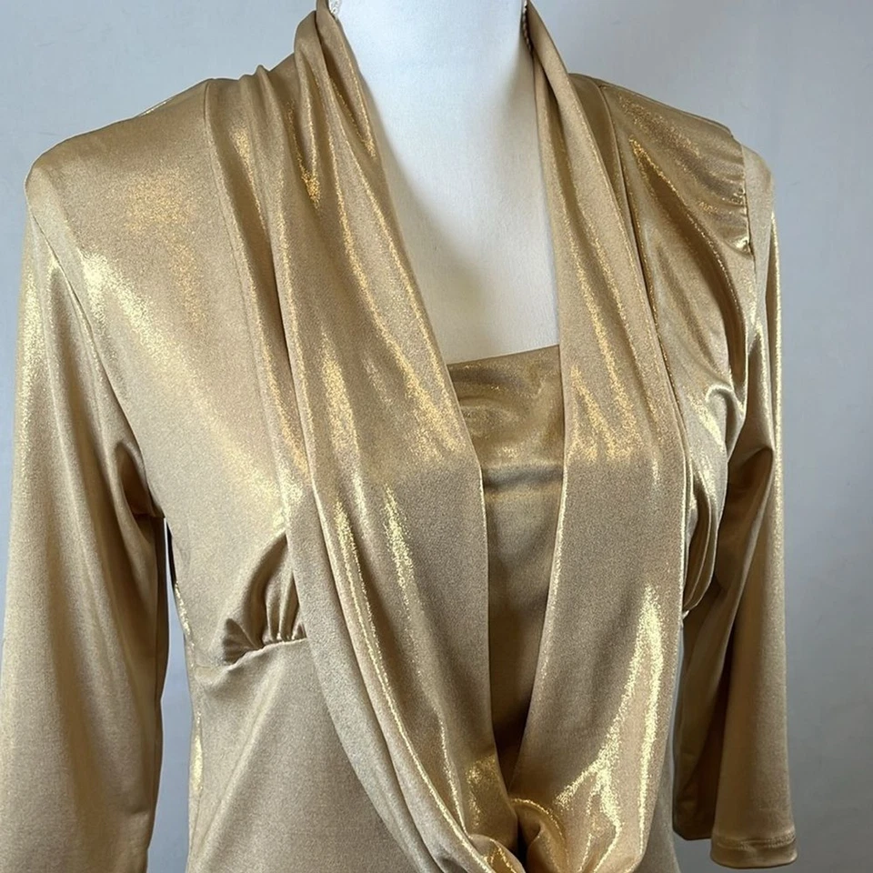 Carrie Allen Gold Shimmer Blouse Women's Slinky Metallic Cowl Neck Party Top XL - Image 2 of 4