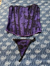 Corset and thong set, small, purple with black lace, thong unused