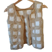 Vintage 70s Handmade Crochet Granny Square Vest Womens XS Tan White Boho Cottage