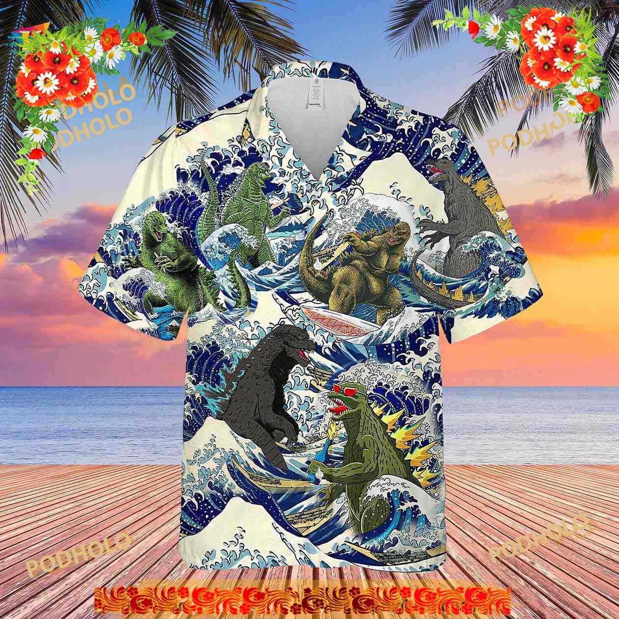 Fun Hawaiian Shirt with Godzilla Surfing Design