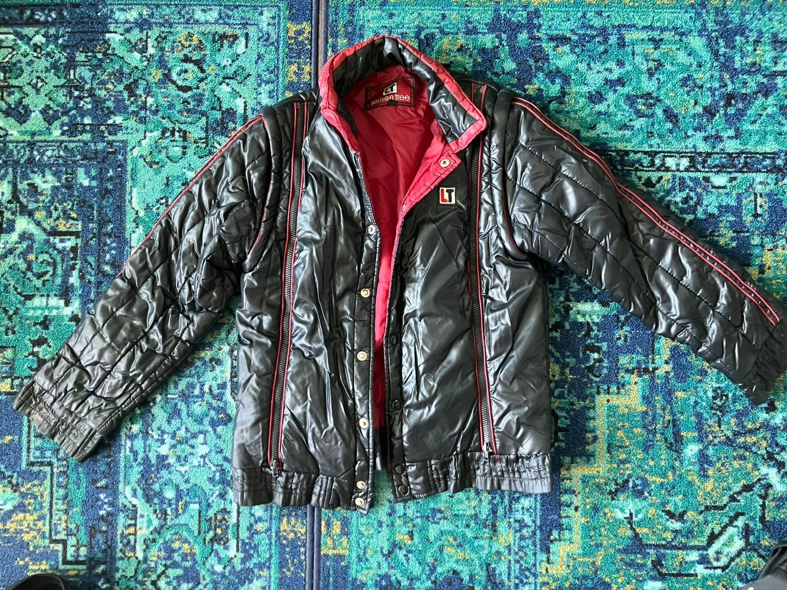 Vintage Ski Jacket Puffer Small Medium Coat Black Red Zipper Vest USA 80s Winter