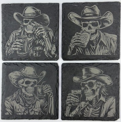 Skeleton Cowboy Slate Coaster   Western Gothic Laser-Engraved Barware