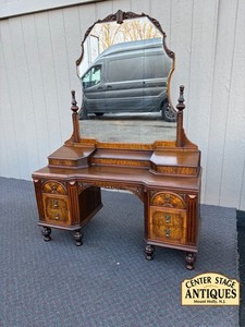 67476  Antique Walnut Vanity with Mirror, Ornate Carving and Drawers